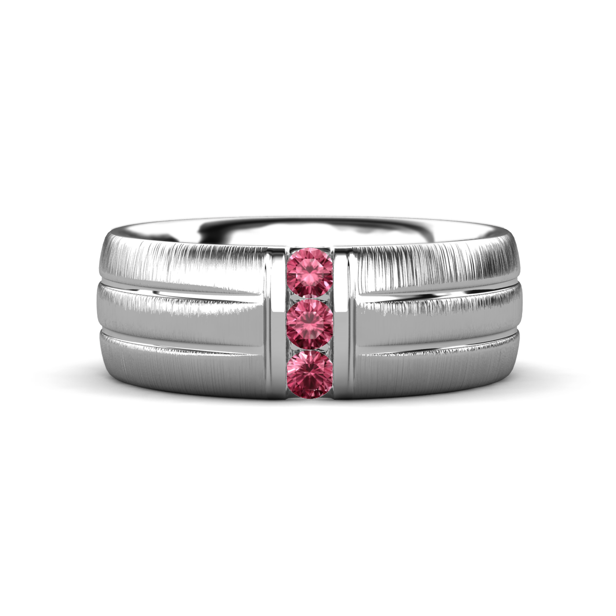 LeBron Round Pink Tourmaline with Brushed and Polished Finish Three Stone Men's Wedding Band (8 mm) 